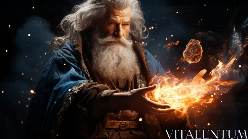 Elderly Wizard with Fireball: A Blend of Realism and Fantasy AI Image