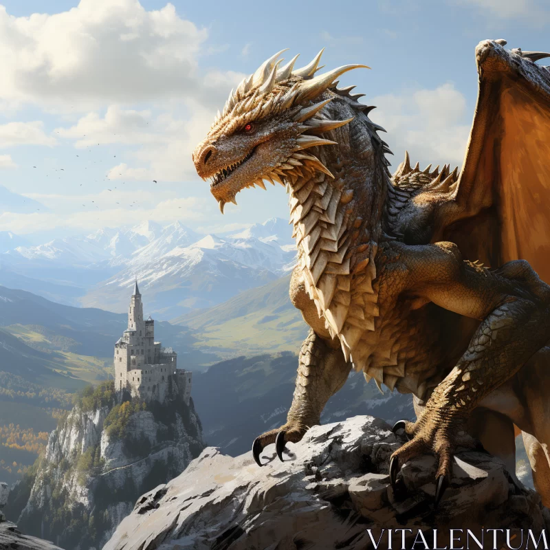 Majestic Dragon on Cliff: A Golden Age Illustration in Cryengine Style AI Image