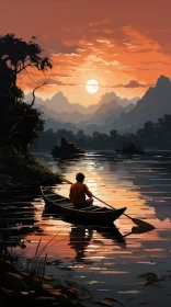 Serene Boat Scene at Sunset in 2D Game Art Style AI Image