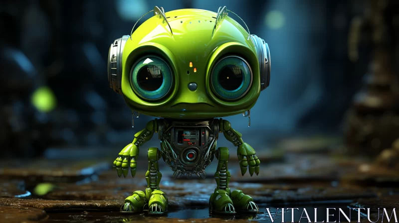 Cute Green Robot in Cyberpunk Dystopia Style AI Image