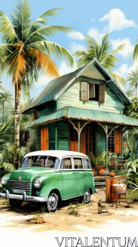 Green Car Parked Outside Palm House: A Nostalgic Rendering AI Image
