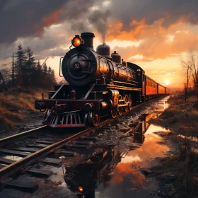 Sunset Train in Realistic Fantasy Artwork AI Image