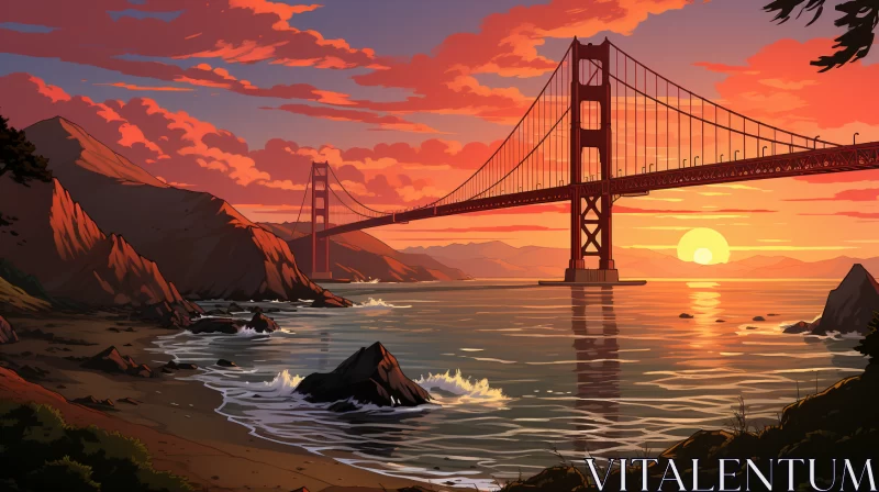 Golden Gate Bridge Sunset - A Graphic Novel Inspired Illustration AI Image