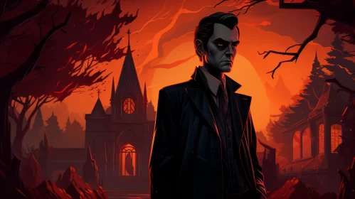 Gothic Vampire Scene in 2D Game Art Style AI Image