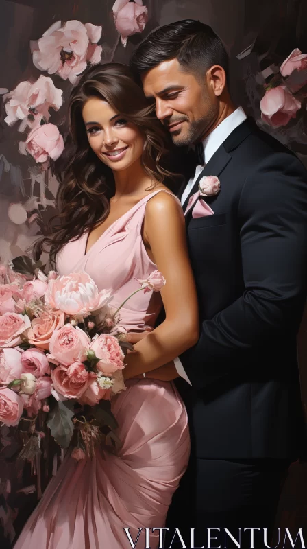 Romantic Wedding Portrait Amidst Pink Flowers AI Image