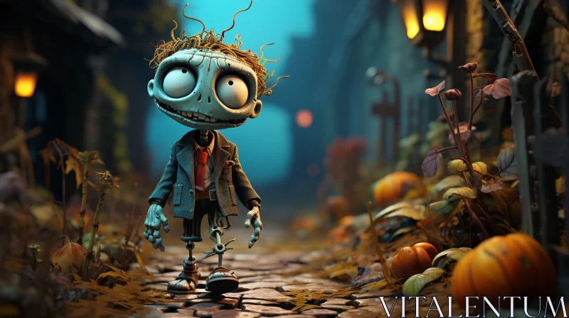 Whimsical Skeleton Strolling in a Cartoonish Town AI Image