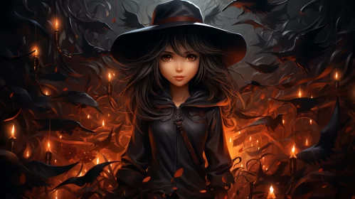 Witch on Fire: Dark Fantasy Anime Art Halloween Wallpaper AI Image