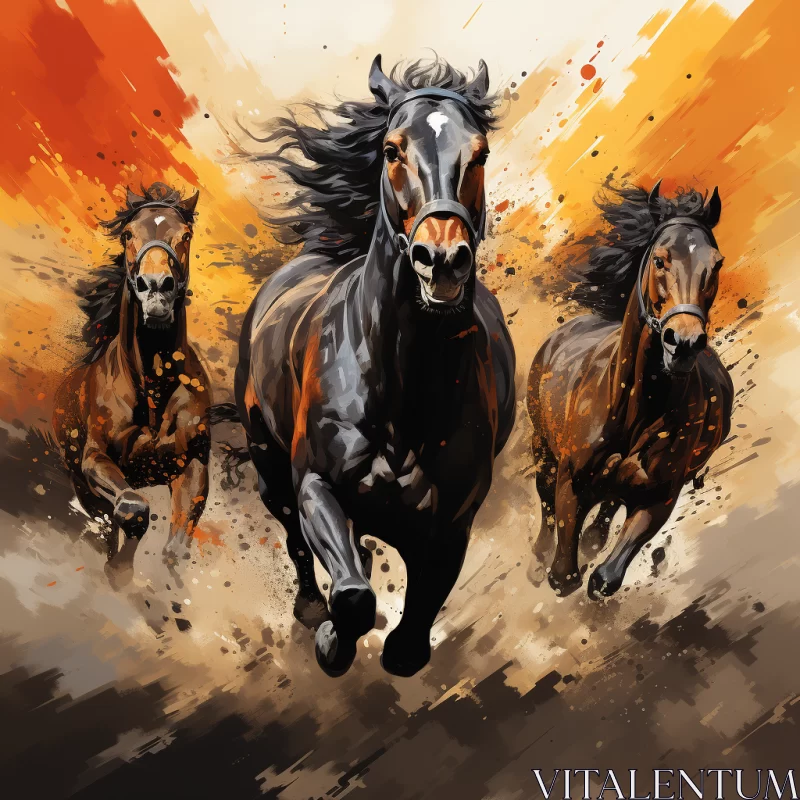 Expressive Speedpainting of Three Horses in Bronze and Black AI Image