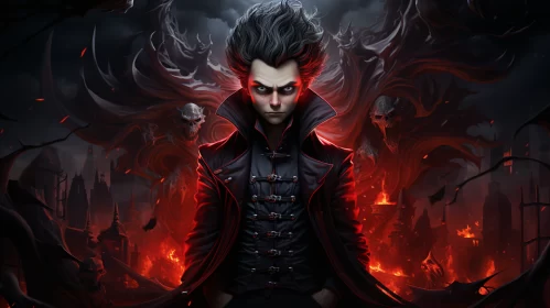 Gothic Demon Illustration in a Dark, Fiery Setting AI Image