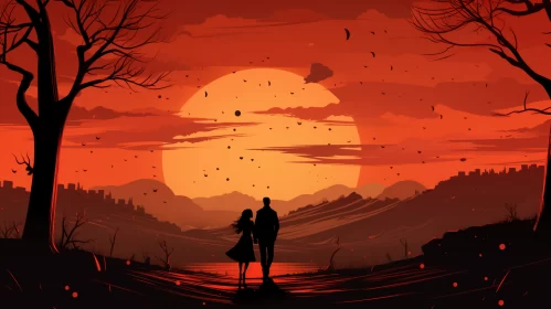 Romantic Sunset Silhouette - Artistic 2D Landscape AI Image