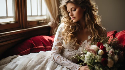 Bride in Lace Dress with Bouquet - Romantic Wedding Portraiture AI Image