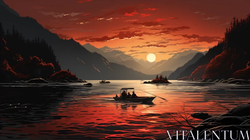 Sunrise Over Lake - Whistlerian Style Detailed Illustration AI Image