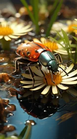 Metallic Lady Bug on Water - Nature's Intricate Beauty Portrayed AI Image