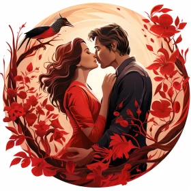 Romantic Emotion in Red Garden - A Neo-Romantic Illustration AI Image