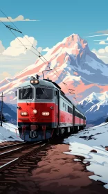 Pop Art Style Red Train in Snowy Mountain Landscape AI Image