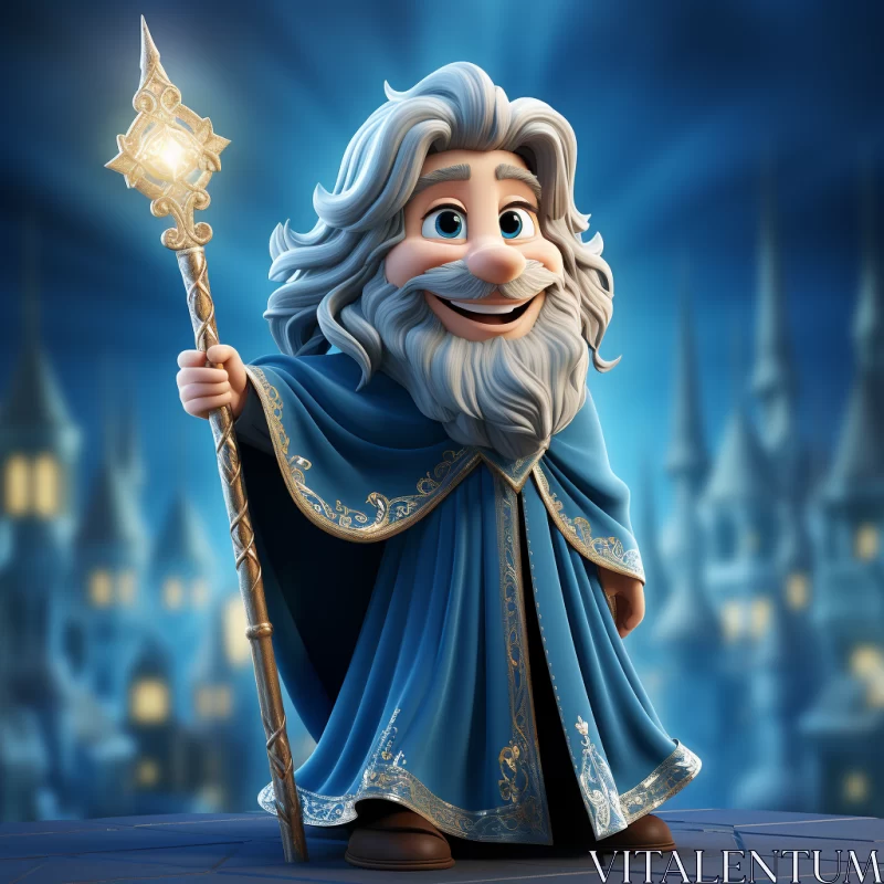 Handsome Cartoon Wizard with Magic Staff and Fairytale Sword AI Image