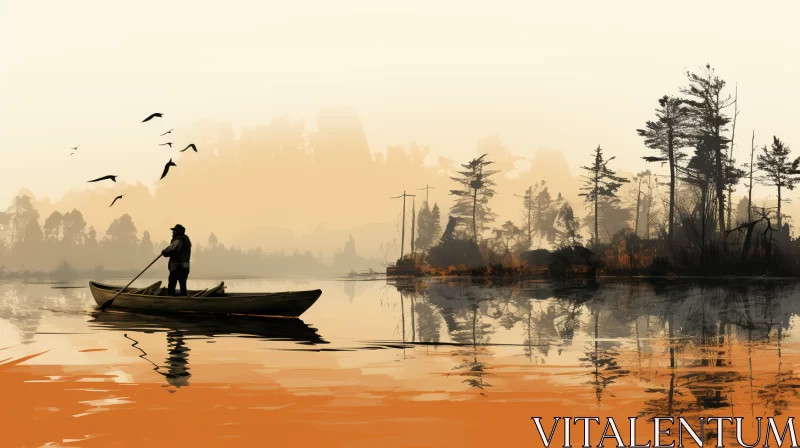 Man Canoeing on Lake - Digital Art Painting AI Image