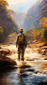 Fisherman in River: A Realistic Landscape Painting AI Image