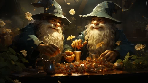 Golden Robes & Magic Herbs: An Artistic Depiction of Wizards AI Image