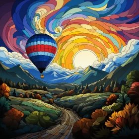 Post-Impressionist Stained Glass Style Hot Air Balloon Landscape AI Image