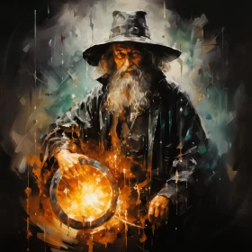 Enchanted Fire Globe: An Old Wizard's Portrait in Light Black and Amber AI Image