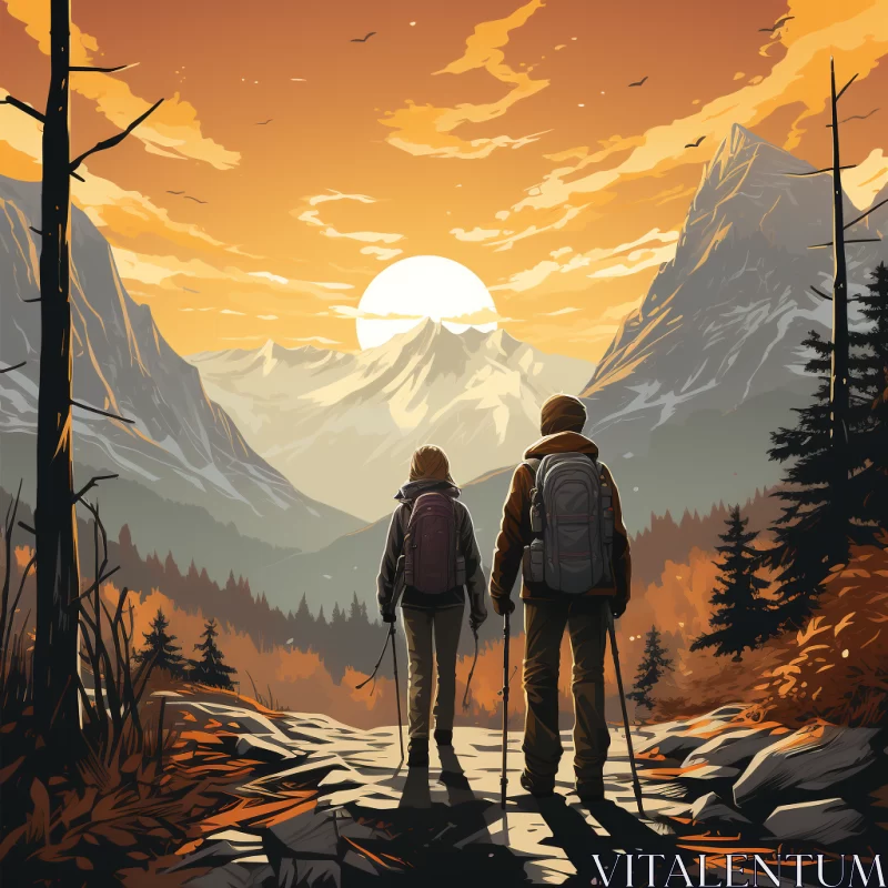 Mountain Adventure: Poster Art Style Hiking Illustration AI Image
