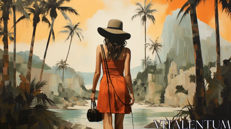 Mysterious Woman by Ocean Landscape - A Tropical Naive Style Painting AI Image
