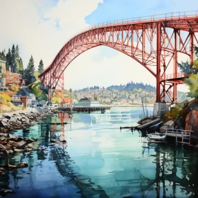 Red Bridge: A Precise Architectural Painting AI Image