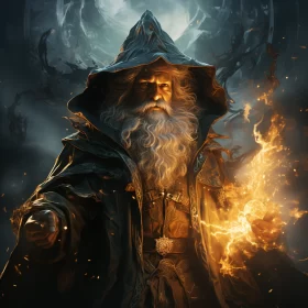 Fantasy Genre Art: Aged Wizard Holding Fire AI Image