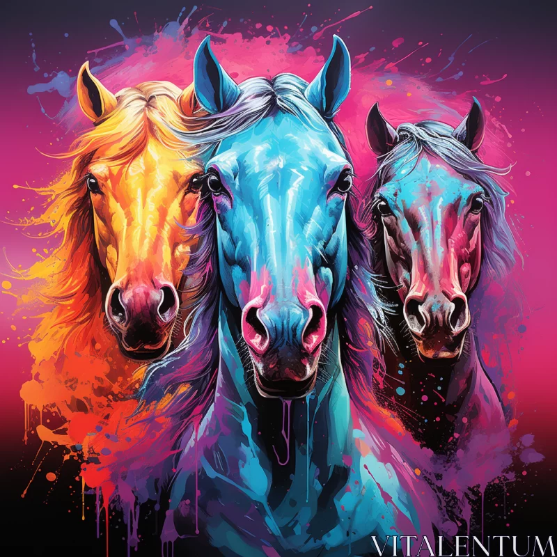 Nightmarish Illustrations of Three Horses - Neonpunk and Kimoicore Style AI Image