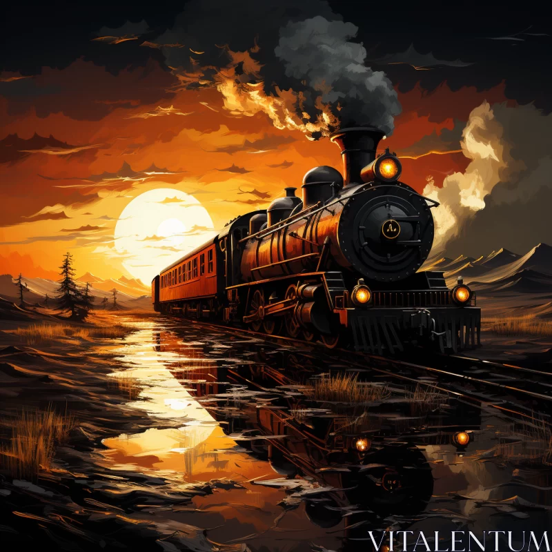 Fantasy Realism: Steam Train Journey in Sunset AI Image