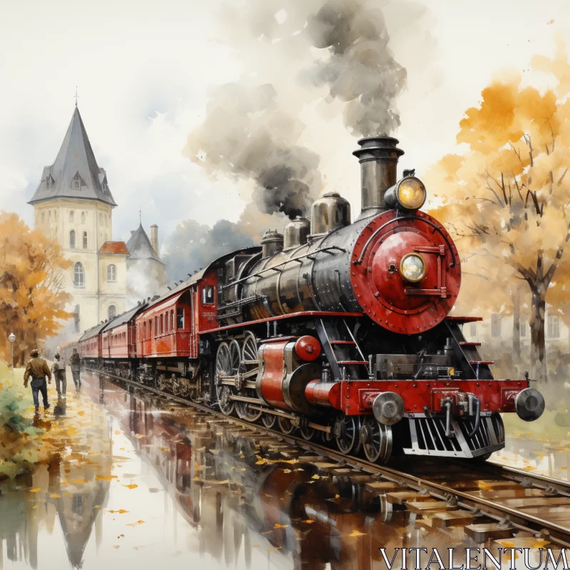 Nostalgic Watercolor Painting of Steam Engine Train AI Image