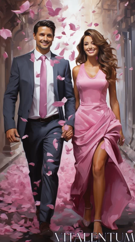 Romantic Stroll: Oil Portraiture of a Sophisticated Couple AI Image