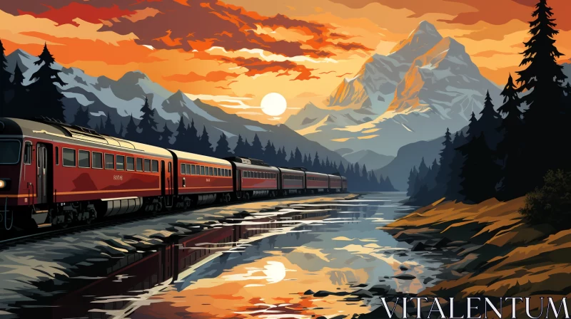 Vintage-Style Train Journey Through Colorful Mountain Landscape AI Image