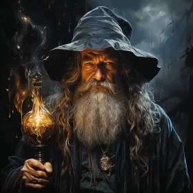 Wizard with Golden Lamp: Rustic Realism and Detailed Portraits AI Image