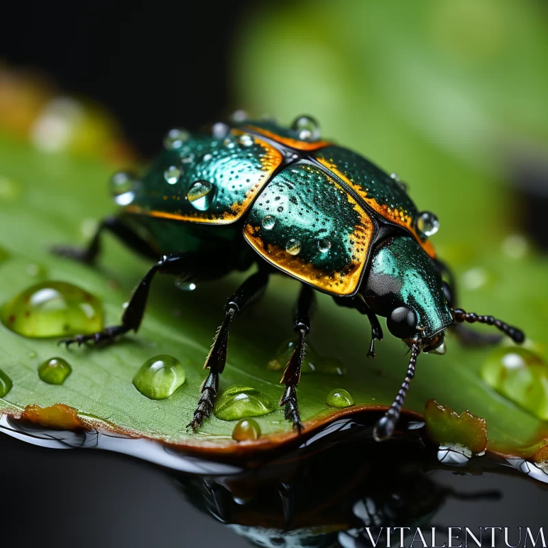 AI ART Green and Gold Beetle on Leaf - A Liquid Metal Realistic Portrait