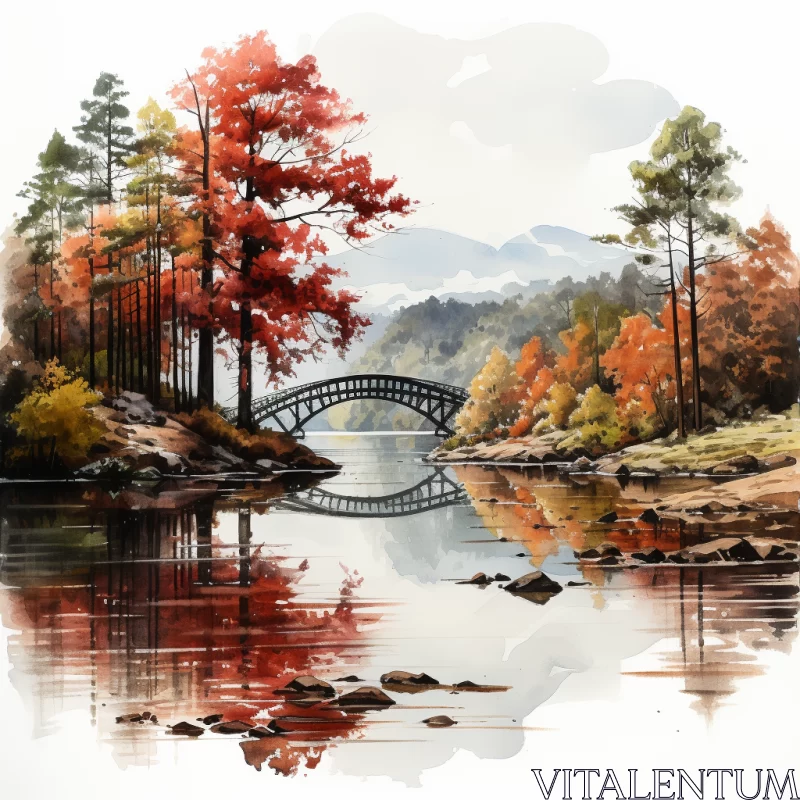 AI ART Watercolor Illustration of Bridge Over River in Scottish Landscape