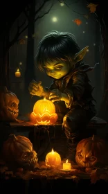 Enchanting Halloween Scene: Dark Elf and Glowing Pumpkins AI Image