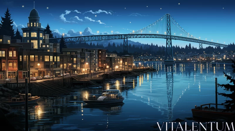 Illuminated Cityscape with Boats and Bridge - Nighttime Art AI Image