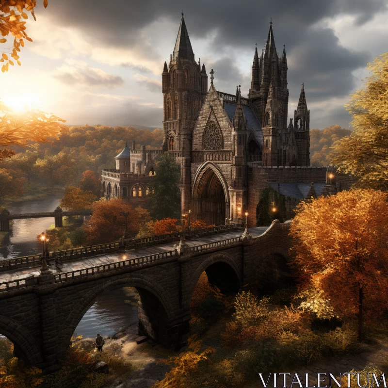 Gothic Revival Castle and Bridge in Autumn Sunlight AI Image