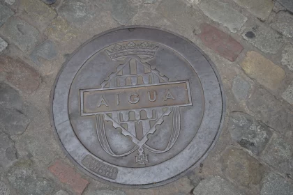 Ornamental Bronze Manhole Cover on City Sidewalk