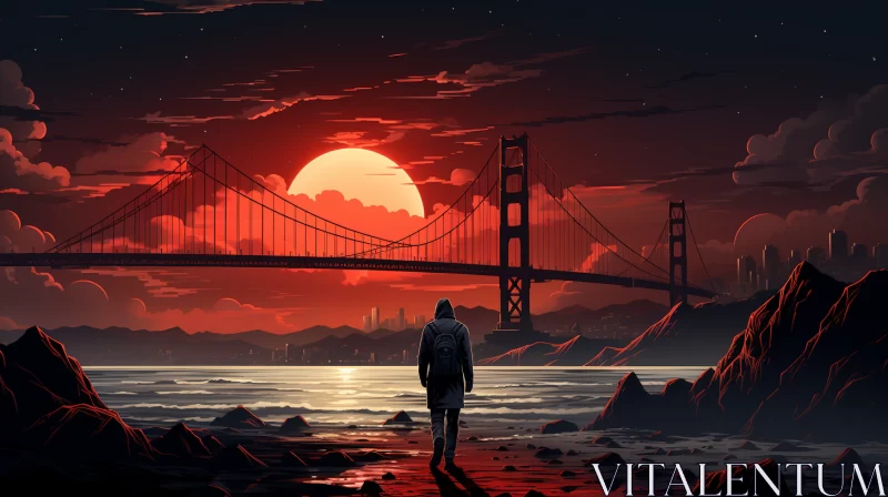 Sunrise Apocalypse: Golden Gate Bridge in Sci-Fi Anime Style AI Image