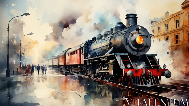 Nostalgic Watercolor Painting of a Train in Light Crimson and Dark Black AI Image