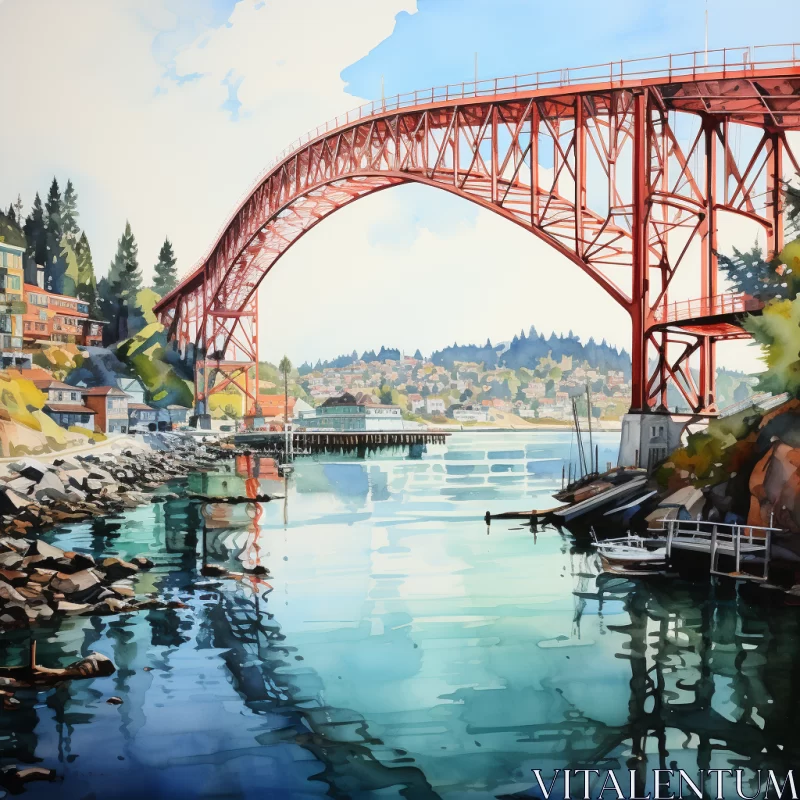Red Bridge: A Precise Architectural Painting AI Image