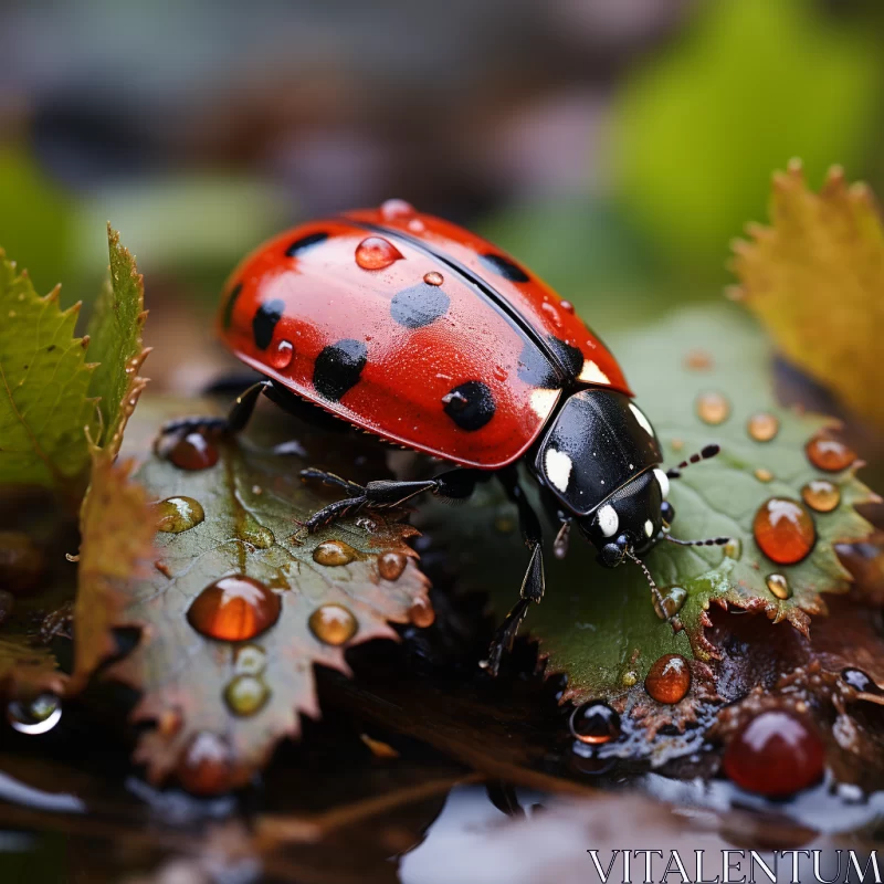 Fantastical Ladybug on a Raindrop Covered Leaf AI Image