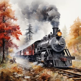 Steam Locomotive in Vibrant Watercolor Landscape AI Image
