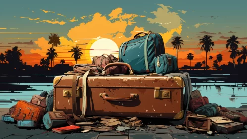 Post-Apocalyptic Beach Suitcase Pile Illustration AI Image