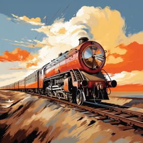 Nostalgic Orange Train in Cloudy Sky - Precision Art Painting AI Image