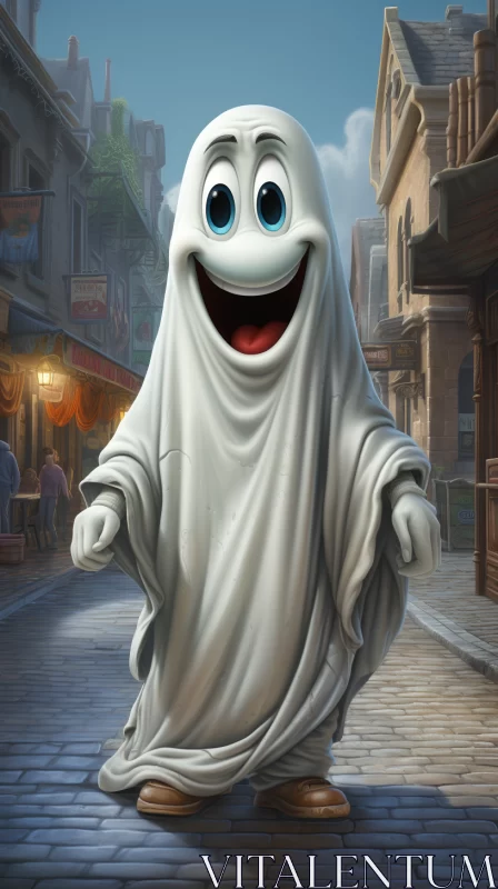 Joyful Cartoon Ghost in a Mysterious Town Square AI Image