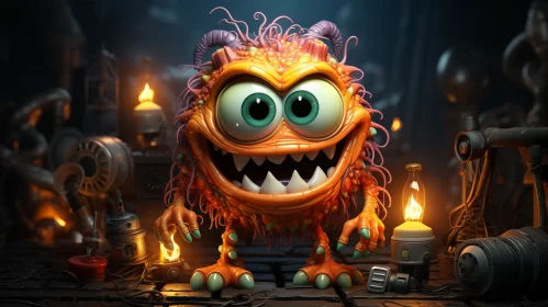 Orange Monster Caricature in Candlelit Room AI Image